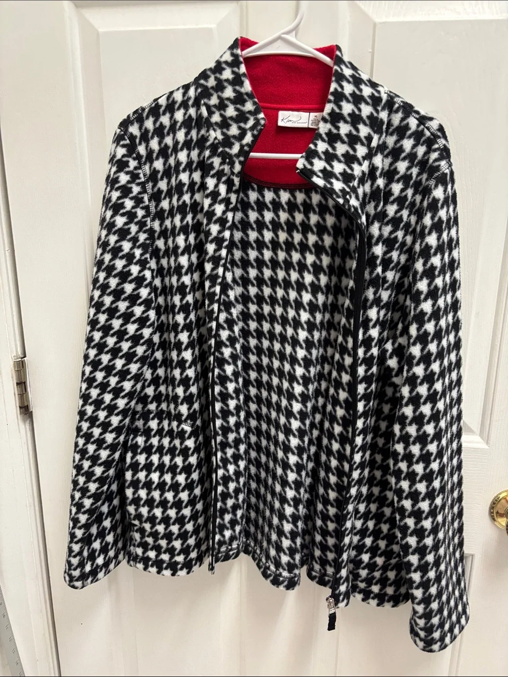 Kim Roger’s Black & White Houndstooth Zip-Front Peacoat with Red Liner